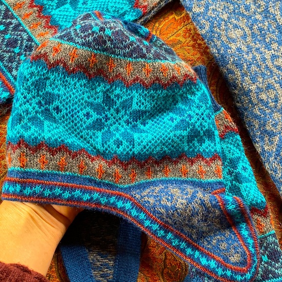 Novica Alpaca Set hat scarf wrist warmer gorgeous turquoise blues snowflake NEW - Picture 2 of 9